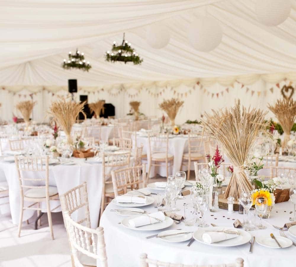 interior of a marquee decorated ready for the event.