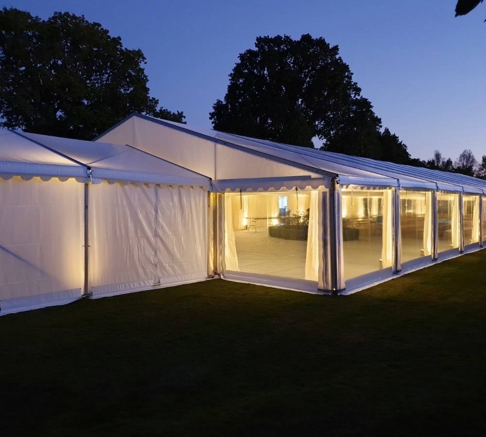 Marquee lite up in the Kentish evening